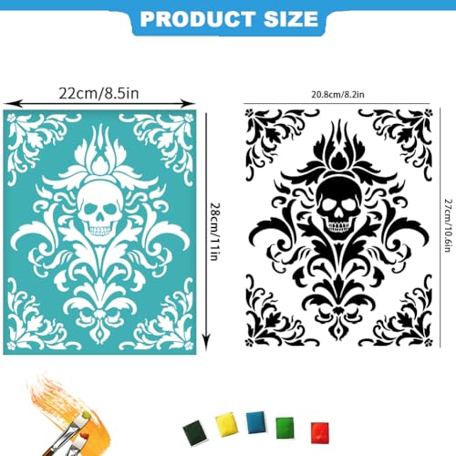 2 Sheets Skull with Floral Silkscreen Stencil, Damask Pattern Painting Stencils Templates Reusable Washable Self-Adhesive Silk Screen for Painting on Bags, Wood, Halloween Decor - style: Skulls with Damask