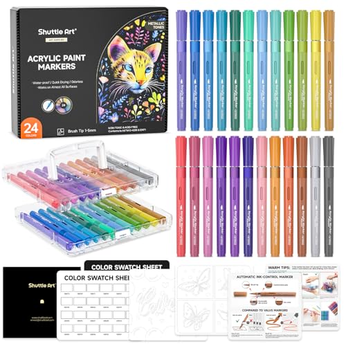 Shuttle Art Automatic Ink Control Acrylic Paint Markers, 24 Metallic Colors Brush Tip Acrylic Paint Pens for Rock Painting, Ceramic, Wood, Canvas, Glass, Stone, Fabric, Card, DIY Football Crafts - color: 24 Metallic Colors Brush Tip