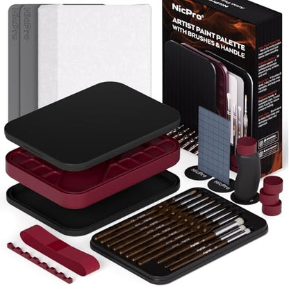Nicpro Professional Miniature Painting Kit with Wet Palette, Miniature Painting Handle & 11PCS Detail Paint Brushes Drybrush, Sponge, Pallet Paper, Brush Holder Mixing Paint Saver Palette - color: Red & Black