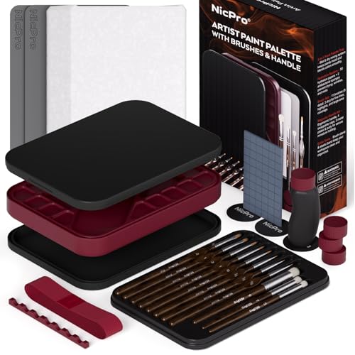 Nicpro Professional Miniature Painting Kit with Wet Palette, Miniature Painting Handle & 11PCS Detail Paint Brushes Drybrush, Sponge, Pallet Paper, Brush Holder Mixing Paint Saver Palette - color: Red & Black