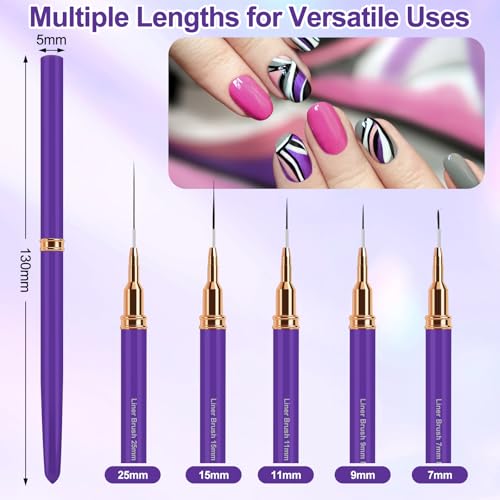 MUIIGOOD Nail Art Liner Brushes, 5Pcs Liner Brush For Nails, Painting Nail Art Brush Set Dotting Drawing Tool for Long Lines, Thin Details, UV Gel Polish Painting, Fine Drawing 7/9/11/15/25mm(Purple) - color: Purple