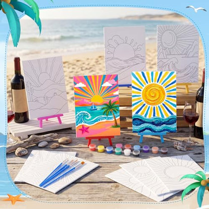 Blosssound 10 Set Pre Printed Sunrise Canvas Pre Drawn Canvas Painting with Easel Kits 5" x 7" Outline Painting Panels for Beginners, DIY Craft Project, Party Favor, Home Decors - style: Sunrise