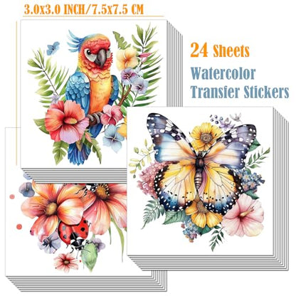 ZMRU 24 Sheets of Watercolor Style Rub on Transfers for Crafts - Perfect for Glass, Porcelain, Leather, Canvas, and Fabric Projects - IOD Transfers Included,3 * 3inch (Insects Birds) - style: Insects Birds