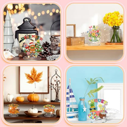 YooNotee 12 Sets Interchangeable Seasonal Diamond Art Tabletop Decorations Holiday Diamond Art Painting Kit with 12 Acrylic Base for Table Tiered Tray Decor Craft Graduation Centerpiece (Calendar) - style: Calendar