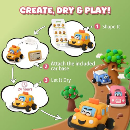 Air Dry Clay Kit for Kids - Pull Back Car Making, 3 Boxes Modeling Clay with Sculpting Tools, Base, Backing Board, Tutorial, Ultra Light & Soft, Non-Toxic & Safe, Creative DIY Arts and Crafts Toys - color: Daily Commuters