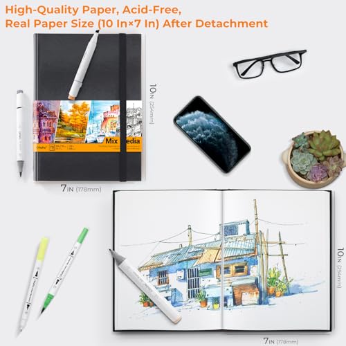 Ohuhu Mix Media Pad, 10" x 7" Mixed Media Art Sketchbook, 120 LB/200 GSM Heavyweight Papers, 78 Sheets/156 Pages, PU Hardcover Mixed Media Paper Pad for Acrylic, Painting Christmas Gift - size: 10" x 7"