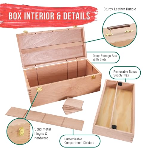 U.S. Art Supply Multi-Function Artist Supply Box with Locking Clasps & Removable Tray - Wooden Art Box for Artist Supplies, Brushes, Pencils, Erasers, Tool Storage Organizer Case