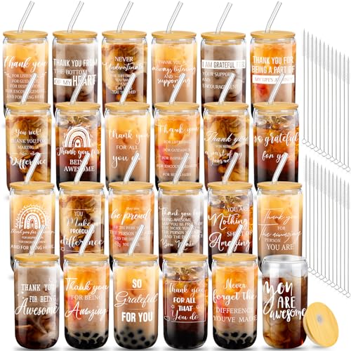 Layhit 24 Set Thank You Team Gifts for Employees Staff Coworker Appreciation Gifts for Teacher Nurse Thank You Glass Cups 16 oz Can Shaped Beer Glass with Lids Straws Brushes(Vivid Style) - style: Vivid Style