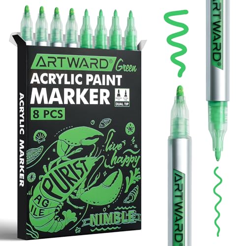 Green Acrylic Paint Markers 8 Pack, Dual Tip 0.7mm & 3mm Acrylic Paint Pens, for Rock, Wood, Glass, Canvas, Ceramic, Metal, DIY Crafts - color: Green