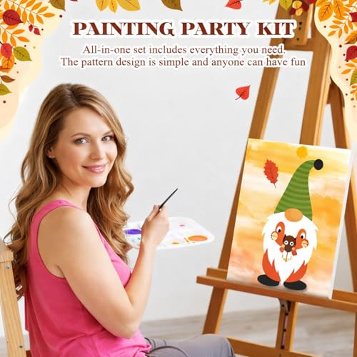 Humyoun 8 Sets 8" x 10" Fall Gnome Pre Drawn Canvas to Paint for Sip and Paint Party Thanksgiving Predrawn Coloring Set Pre Sketched Canvas Boards with Paints and Brushes for Adult - style: Gnome