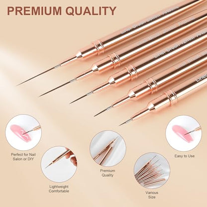 Artdone Metallic Nail Art Pens, Liner Brushes Set, 5PCS Gold Nail Tools | For Long Lines, Thin Details, Fine Drawing, Liner Brush UV Gel Polish Painting Nail Design Sizes 5/8/12/20/25mm - color: Copper Liner Brush Set