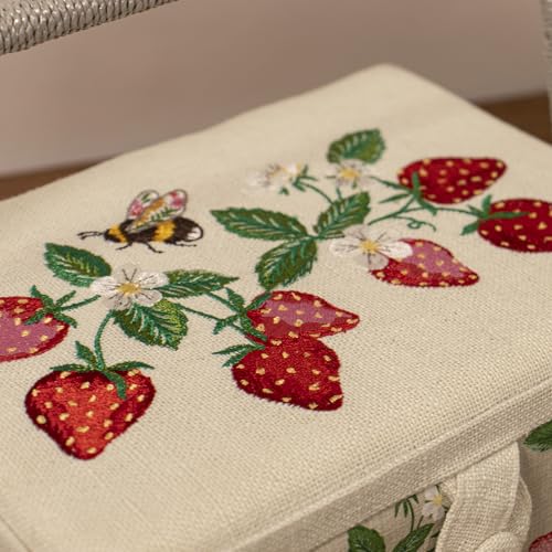 Hobby Gift Medium Sewing Box Organiser, Fabric Covered Storage Box with Handle, Internal Tray, Pin Cushion and Pocket for Sewing, Quilting and Knitting Supplies - color: Strawberries
