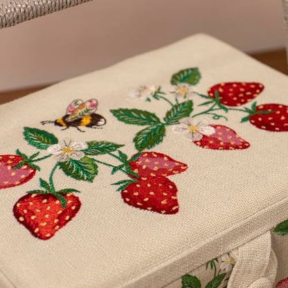 Hobby Gift Medium Sewing Box Organiser, Fabric Covered Storage Box with Handle, Internal Tray, Pin Cushion and Pocket for Sewing, Quilting and Knitting Supplies - color: Strawberries