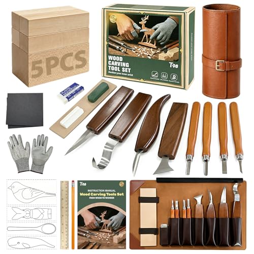 T98 28Pcs Wood Carving Kit & Whittling Tools Set – Deluxe Woodworking Hobby Kit with 8 Carving Knives, 5 Basswood Blocks, 4 Templates, Leather Bag & Safety Gear – DIY Craft Gift for Beginners & Adults