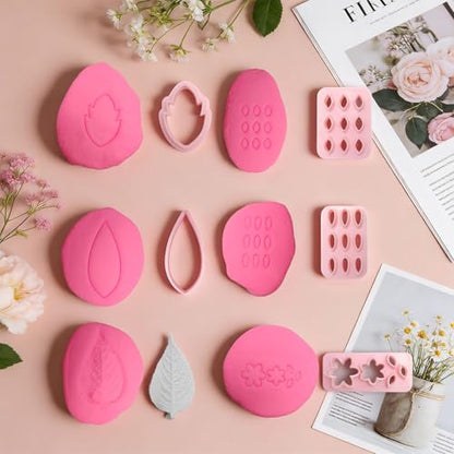 8 Pcs Clay Cutters Molds for Polymer Clay Jewelry, Press Mold and Cutter Set for Earrings, Floral Leaf Geometric Shapes with Mini Flower Press Tools for Crafts