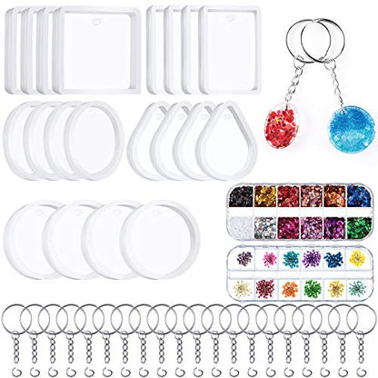 WILLBOND 67 Pieces Resin Keychain Mold Silicone with Hole, Resin Molds Silicone Keychains Making Kit with Keychain Rings Dried Flower Round Sequins for Keychains Pendant Jewelry Making Supplies