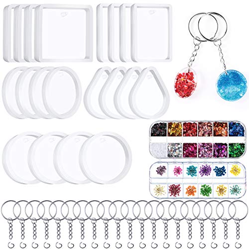WILLBOND 67 Pieces Resin Keychain Mold Silicone with Hole, Resin Molds Silicone Keychains Making Kit with Keychain Rings Dried Flower Round Sequins for Keychains Pendant Jewelry Making Supplies