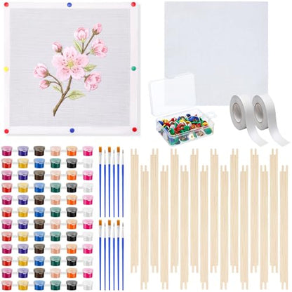 Novabright 128 Pcs 18 Mesh Needlepoint Canvas Kit for Beginners Adult Include 4 Pcs 12 Inch White Blank Needle Point Canvas 16 Stretcher Bars 100 Thumbtacks 2 Masking Tape 6 Sets Paint Tool DIY Crafts