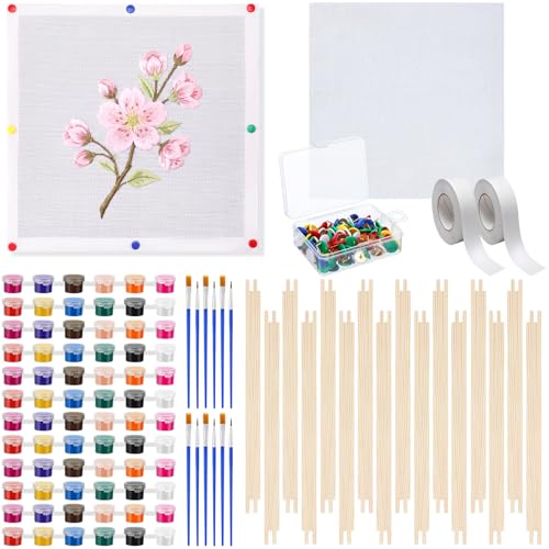 Novabright 128 Pcs 18 Mesh Needlepoint Canvas Kit for Beginners Adult Include 4 Pcs 12 Inch White Blank Needle Point Canvas 16 Stretcher Bars 100 Thumbtacks 2 Masking Tape 6 Sets Paint Tool DIY Crafts