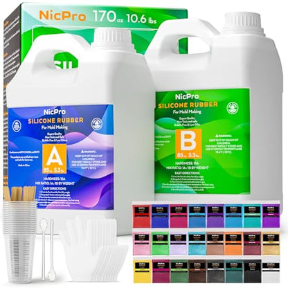 Nicpro 170oz Silicone Mold Making Kit, 15A Platinum Liquid Silicone Rubber, Flexible Silicone Molds Maker Mix Ratio 1:1 for Casting 3D Resins Candle Soap Molds DIY with 24 Mica Powder, Mixing Cups - size: 170oz with mica powder