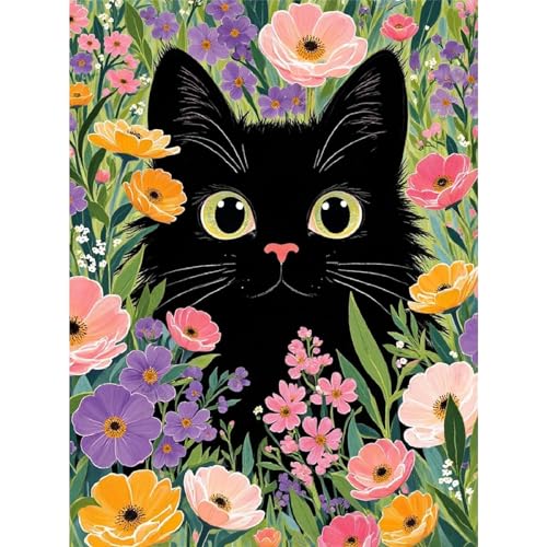 askkqtx Black Cat Paint by Numbers Kit for Adults, Cat with Flowers Paint by Numbers for Beginner, DIY Oil Painting by Number on Canvas for Home Decor Gifts 16x20 Inch (Without Frame) - color: Black Cat - MT22533