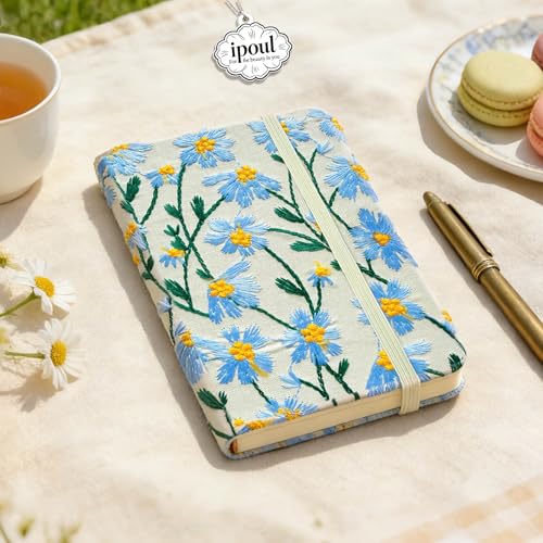 Pocket Notebook, Small Sketchbook, A6 Journal, 4x6, Daisy Gifts for Women, Floral Notebook, Embroidery Journal, Blank Paper, Hardcover, Lay Flat, Elastic Band, Diary for Girls, Blue Daisy - color: A6-Band-Blue, style: Plain