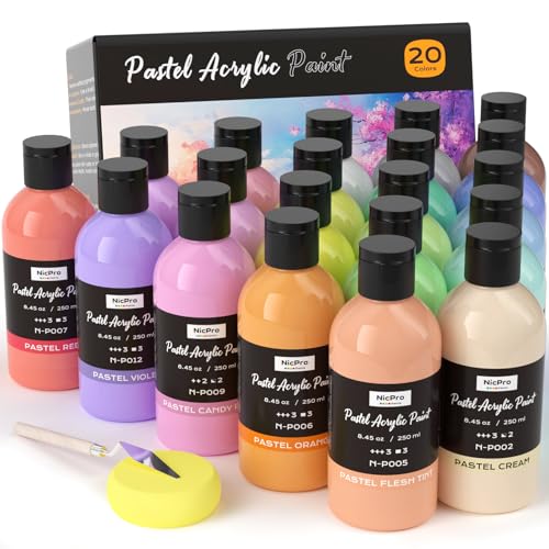 Nicpro 20 Colors Pastel Acrylic Paint Set (8.45 oz, 250 ml), Large Bulk Pastel Acrylic Paint, Non Toxic Art Painting Supplies for Canvas, Rock, Wood, Fabric, Ceramic, Craft, with Knife Color Wheel - color: 20 Colors, size: 8.45 Fl Oz (Pack of 20)