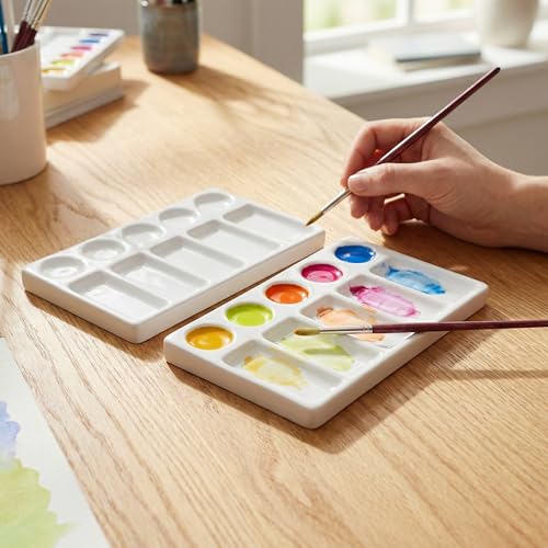 Jucoan 2 Pack 10-Well Ceramic Watercolor Paint Palette, 7-1/2 x 4-1/4 Inch Rectangle Porcelain Artist Paint Palette Mixing Tray for Watercolor, Gouache, Acrylic