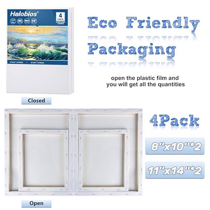 Halobios 4 Packs Blank Canvases for Painting with 8x10in,11x14in(2 of Each), Stretched Canvases for Acrylics, Oils & Other Painting Media, 100% Cotton, 5/8 Inch Profile of Super Value Canvas Pack - size: 4 Pack Mixed - 11×14IN 8×10IN