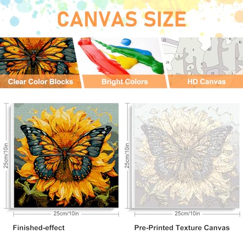 Framed Paint by Numbers Kit for Adults Beginners & Kids Ages 8-12, Butterfly Sunflower Acrylic Easy Paint by Number with Frame, Paint by Number Kits on Canvas Framed (10 * 10 Inch, without Easel) - color: BOP1PF01, size: 10 x 10 Inch