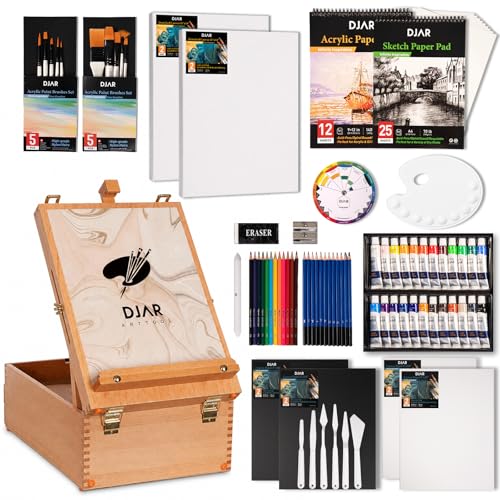 DJAR 87 Pcs Acrylic Paint Set with Tabletop Easel for Adults & Beginners | 24 Colors, Canvas, Brushes & Palette, Professional Art Supplies, Storage Box Ideal for Artists & Students - style: Tabletop Easel Set