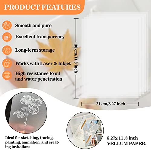 Vellum Paper 8.27 x 11.8 Translucent-Printable - Translucent Vellum Paper Tracing for Crafts Tracing,Drawing,Card Overlays,Invitation Envelope 30 Sheets - color: transparent