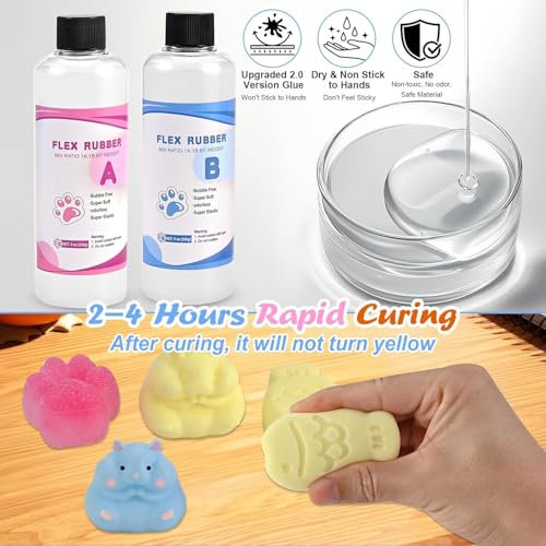 Faburo Taba Squishy Kit, 3 Levels DIY Softness, 18oz 41 Parts Upgrade Silicone Rubber Taba Squishies with 3 Mold- Cat Paw Hamster Fish, Taba Squishy Maker Molds Pack, Tabba Squishies Making Kit