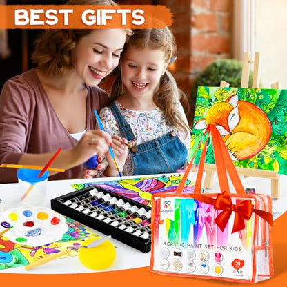 POPYOLA Acrylic Paint Set for Kids, Non Toxic Kids Painting Set with Tabletop Easel, Acrylic Paints, Smock, Canvases, Wooden Stencils, Brushes, Painting Kit Gift for Beginner Student Toddlers - color: Pink