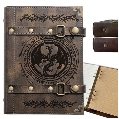 DUROTAN DND Notebook Journal Refillable Leather A5 Binder 400 Pages | For Dungeons and Dragons Gifts D&D Accessories for dm players Men&Women(3-Khaki-Dragon Totem) - color: 3-Khaki-Dragon Totem