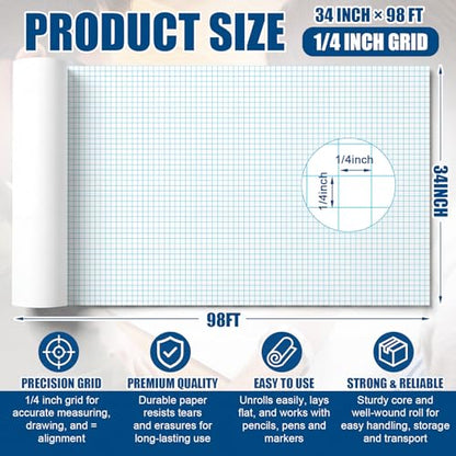 Jetec 1 Roll Large Grid Graph Paper Roll 1/4'' Grid 33.9 Inch x 98ft Engineering Drafting Paper for Blueprint School Classroom Graphing Supplies Engineer Architect Designer Mathematician Gifts - color: 1/4'' Grid, size: 33.9 Inch X 98ft