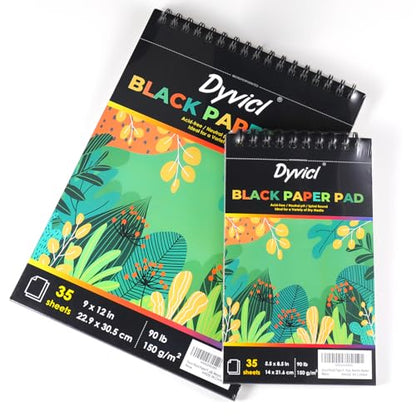 Dyvicl Black Paper Sketchbook 9"x12", 90 lb/150 GSM, 35 Sheets, Spiral Black Sketch Pad Drawing Paper for Pencil, Pastel, White Ink Gel Pen, Charcoal, Chalk, Metallic Marker, Paint Pen - size: 9 x 12 inches