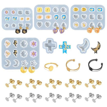 Epoxy Resin Molds Jewelry, Small UV Resin Molds Silicone Kit with Earring Backs & Ring Settings Accessories, DIY Mini Silicone Moulds for Earrings, Pendants, Rings, Necklace & Keychains Art Crafting - color: 29Pcs Small Jewelry Molds Set