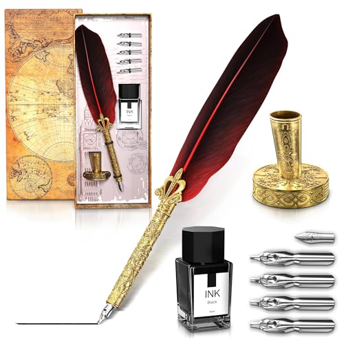 Red Feather Quill Pen and Ink Set with 6 Stainless Steel Nibs (0.6-3mm) - Antique Kit with Inkwell, Stand, Gift Box - 11.4" Feather Pen and Ink Set for Calligraphy Practice, Signatures & Vintage Decor - color: Red