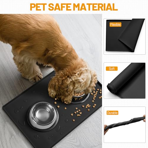 Hubulk Dog Feeding Mat,100% Waterproof Food Grade Silicone Pet Food and Water Bowl Placemat,Dishwasher, High Raised Edge to Prevent Spills,Nonslip Tray to Stop Messes on Floor (19"x12"x0.5", Black) - color: Black, size: 19"l X 12"w
