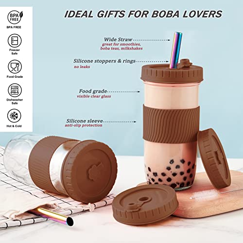 Amyoole 2 Pack Reusable Boba Cup,24Oz Wide Mouth Smoothie Cup,mason Jar Glass Cups with Lids and Straws,Bubble/Boba Tea Cups,Ice Coffee Tumbler 2 colored straws 1 sponge brush(Brown) - color: Brown