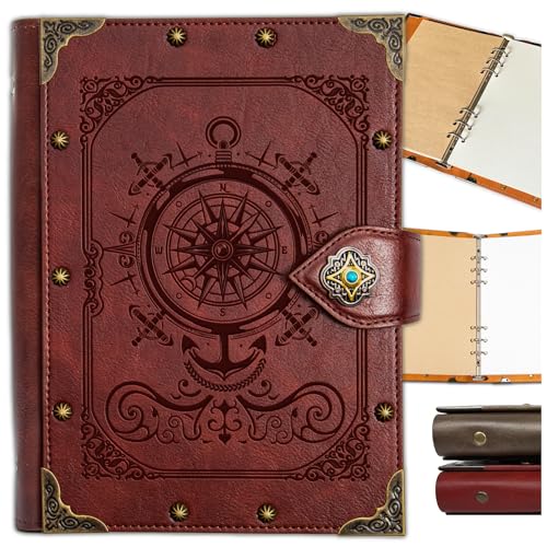 DUROTAN Compass Journal Notebook Gift Set Unique A5 Binder 400 Page | For Vintage Blank Paper Travel Diary for Writing,Drawing,Sketchbook Journals Dnd Gift - color: 10-Red-Compass