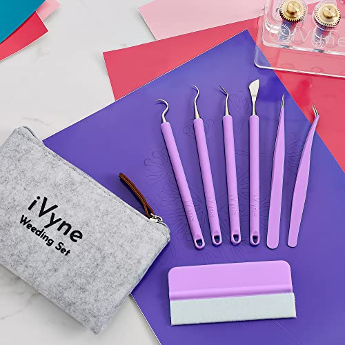 iVyne (8pcs) Premium Vinyl Weeding Tool Kit & Weeding Scrap Collector Soft Grip Tools with Berry, Weeder, Tweezers, Picker Or Hook, and Scraper Set for Silhouette Cameos & HTV - Purple - color: Silicone Tools & Berry Purple
