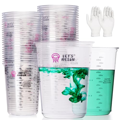 LET'S RESIN Resin Mixing Cups, 45pcs 32oz(1000ml) 2 Scales Accurate Paint Mixing Cup with Protective Gloves, Sturdy & Thick Disposable Measuring Cups for Paint, Pigments, Art, Auto Resin Mixer - size: 1000ML
