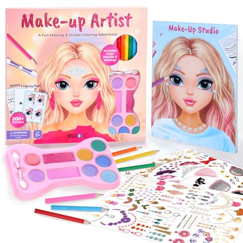 BSCOOL Make-up Artist. 3 in 1 Fun Makeup, Sticker, Coloring Kit, Includes Color Pencils, Makeup Palette, and 200+ Stickers. for Girls Ages 5,6,7,8. Make Up Style Coloring Book. Gift for Girls - color: Make Up Studio