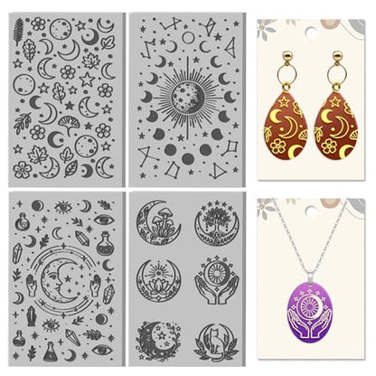 4 Sheets Moon Pattern Clay Texture Mat Phase Divination Elements Polymer Clay Texture Sheets DIY Tools for Pottery Earring Jewelry Making Stamp Engraving Machines, 3.9x2.6inch - style: Divination Elements