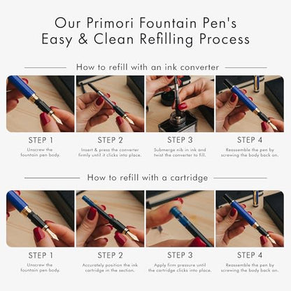 Wordsworth & Black Primori Fountain Pen Set - Blue Gold, Medium Nib, Gift Case, 24 Ink Cartridges, Refill Converter, Manual, Smooth Writing, Left & Right Handed | Blue Gold, Gift for Men & Women, Metal Body, 18K German Iridium, Calligraphy, Converter + 24