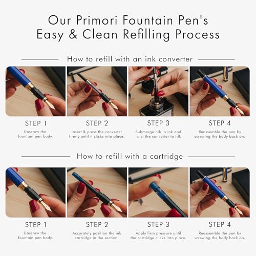 Wordsworth & Black Primori Fountain Pen Set - Blue Gold, Medium Nib, Gift Case, 24 Ink Cartridges, Refill Converter, Manual, Smooth Writing, Left & Right Handed | Blue Gold, Gift for Men & Women, Metal Body, 18K German Iridium, Calligraphy, Converter + 24