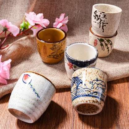 Japanese Style Ceramic Sake Cups Set of 6, Hand-Painted Ceramic Sake Glasses for Saki, Tea, Dessert, Microwave & Dishwasher Safe Small Drinking Cups for Home Kitchen Bar Tableware