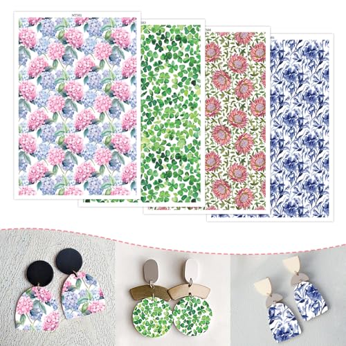 Floral Transfer Paper for Polymer Clay, 4 Design 20 Pcs Water Transfer Sheets for Polymer Clay, Hydrangea Protea Flower Clover Polymer Clay Transfer Paper for DIY Art Jewelry Earrings 5.82X3.93inch - color: 4 Patterns Sets